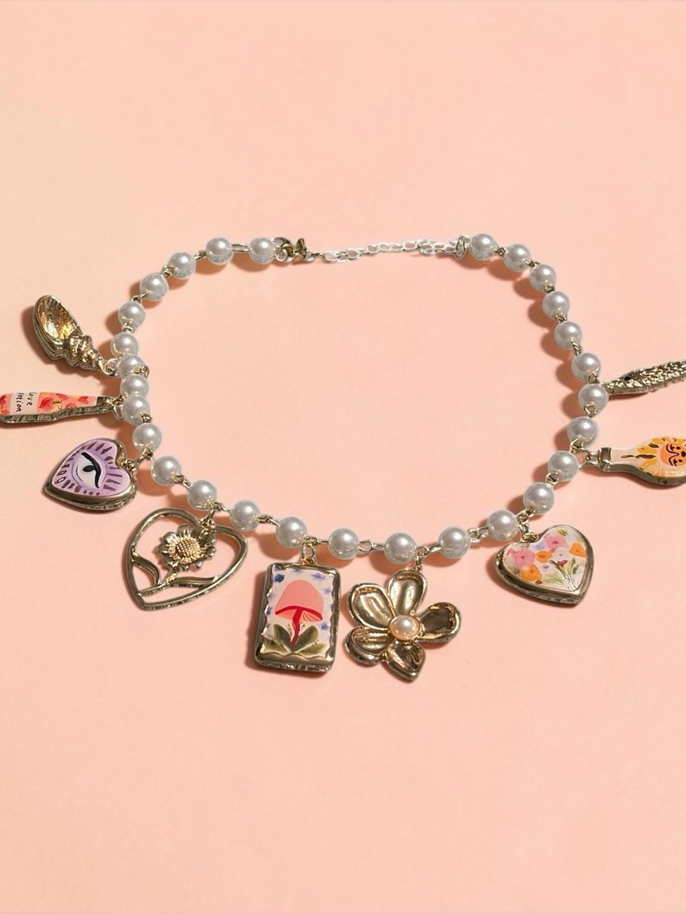 Gold & White Pearl Charm Necklace with Floral and Heart Enamel Charms